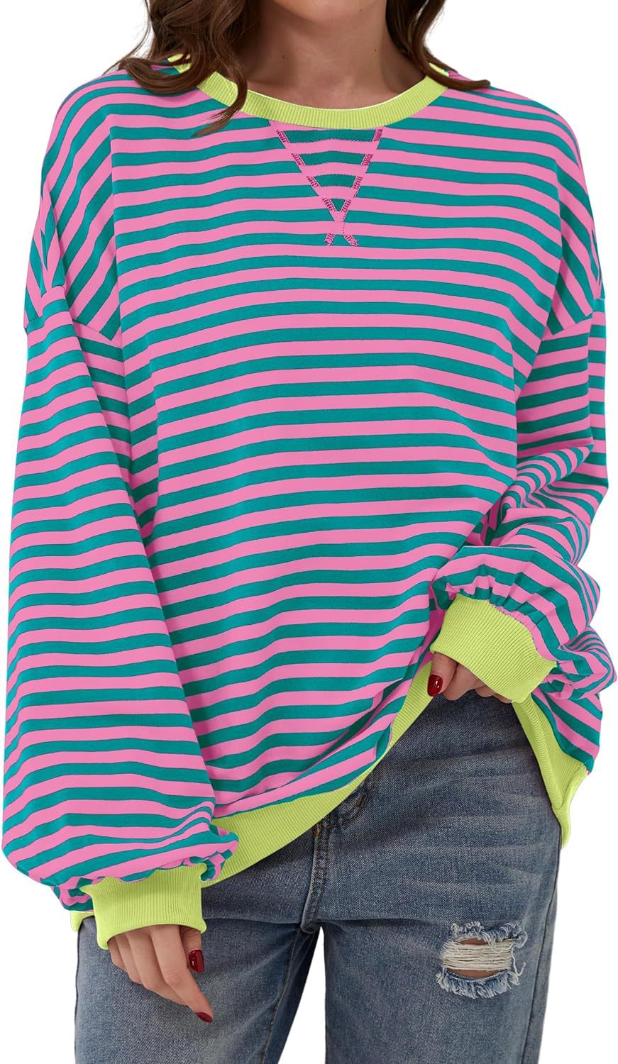 Effortless Striped Sweatshirt for Women with Crew Neck Long Sleeve Contrast Cuff Oversized Style