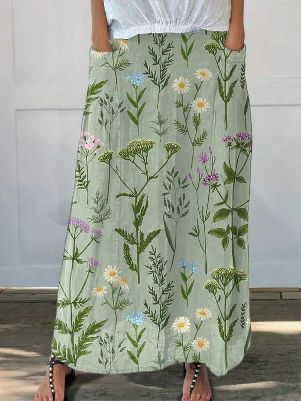 Effortless Sage Green Floral Maxi Skirt for Women with High Waist Side Pocket A Line Flowing Bohemian Style