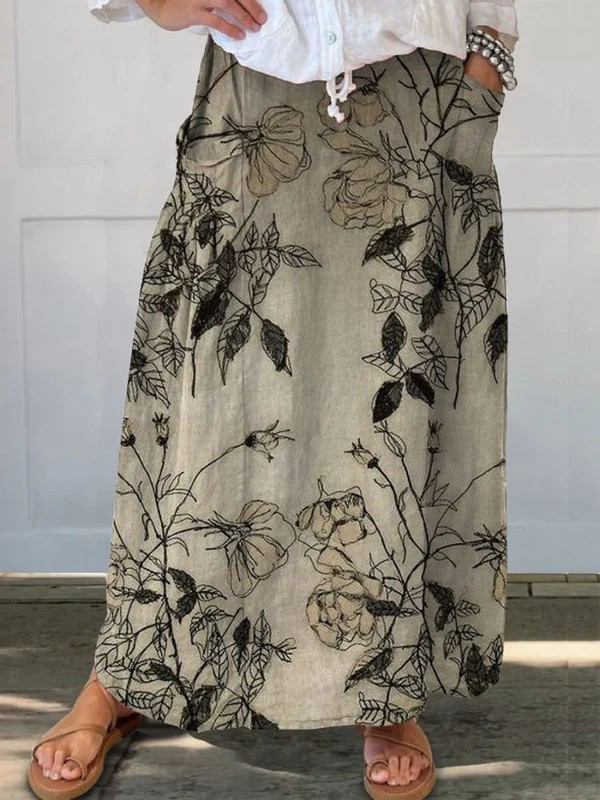 Effortless Khaki Floral Maxi Skirt for Women with High Waist Drawstring A Line Flowing Bohemian Style
