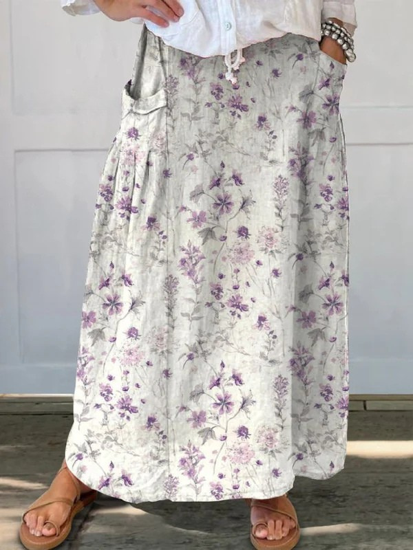 Effortless White Floral Maxi Skirt for Women with Drawstring Waist Pocket Flowing Bohemian Style