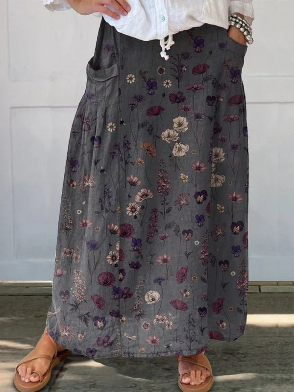 Elegant Black Floral Maxi Skirt for Women with High Waist Drawstring Pocket Flowing Bohemian Style