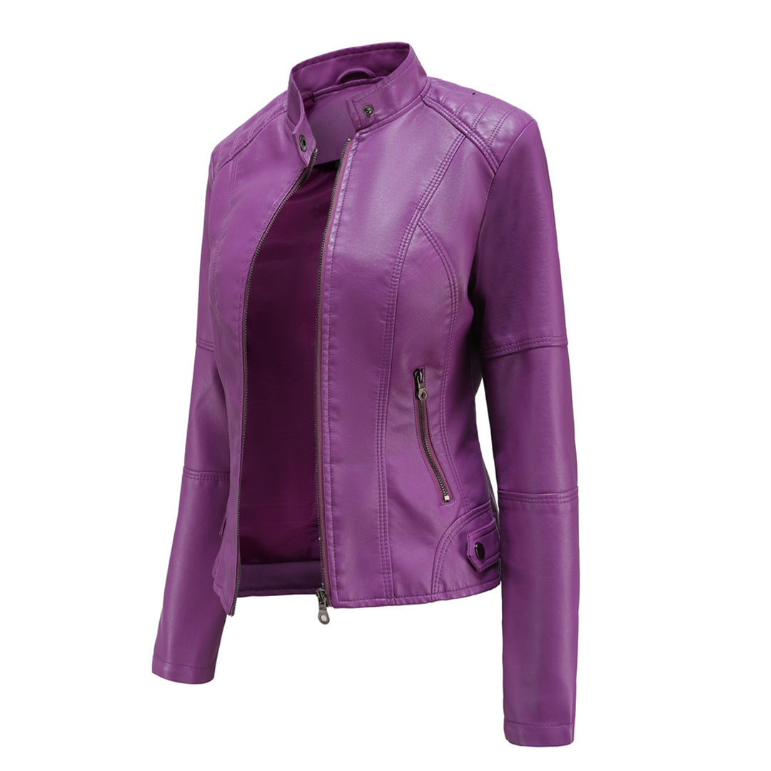 Elegant Faux Leather Moto Jacket for Women with Stand Collar Long Sleeve Zip Front Fitted Style