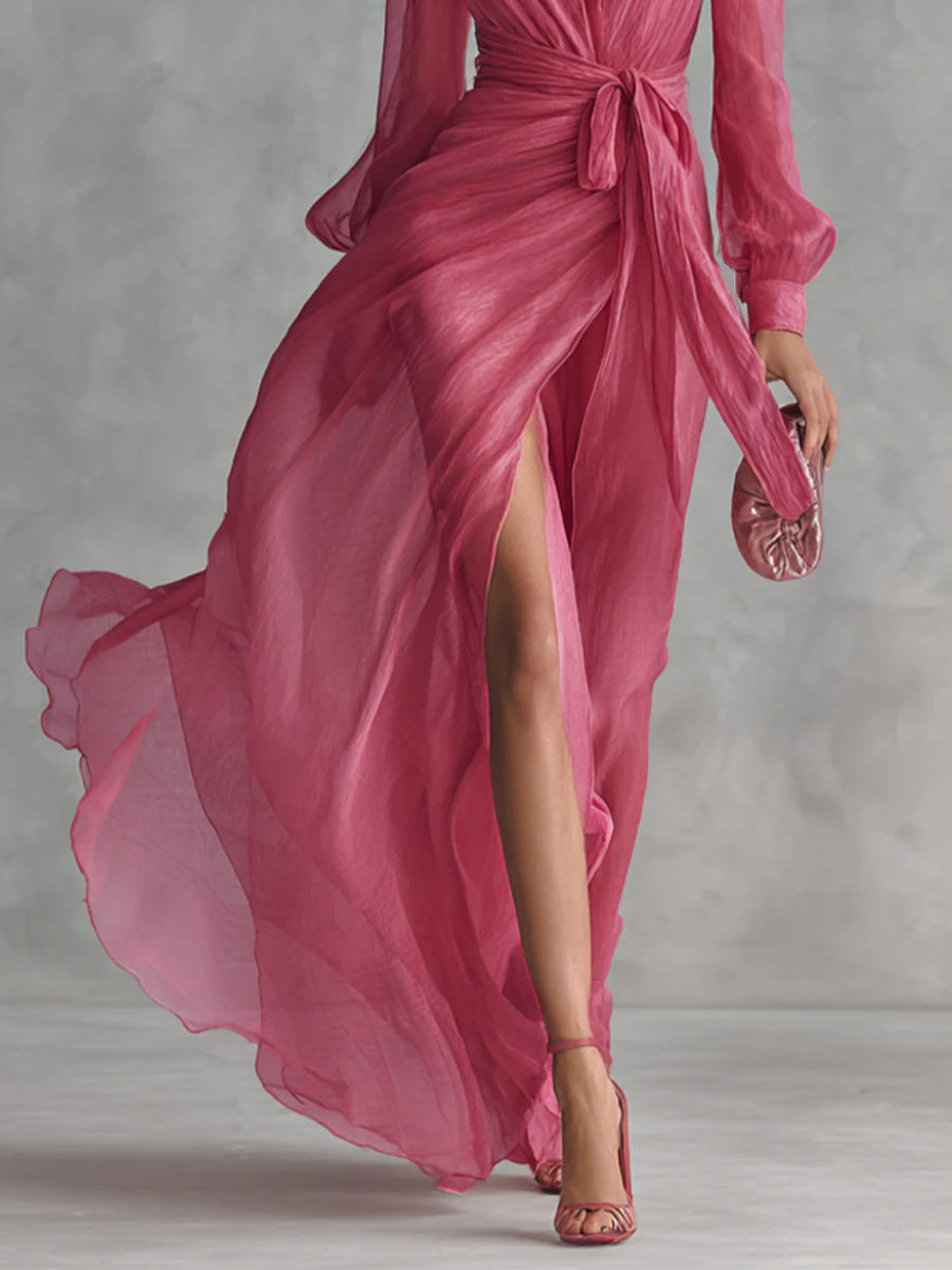 Elegant Pink Chiffon Wrap Maxi Dress for Women with V Neck Long Sleeve High Slit Flowing Formal Wedding Guest Style