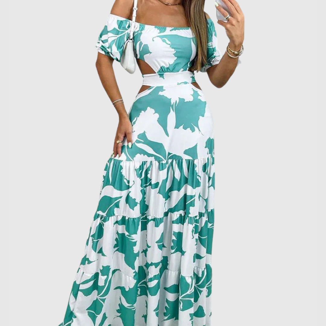 Elegant Floral Maxi Dress for Women with Off Shoulder Smocked Bodice Tiered Skirt Formal Wedding Guest Style