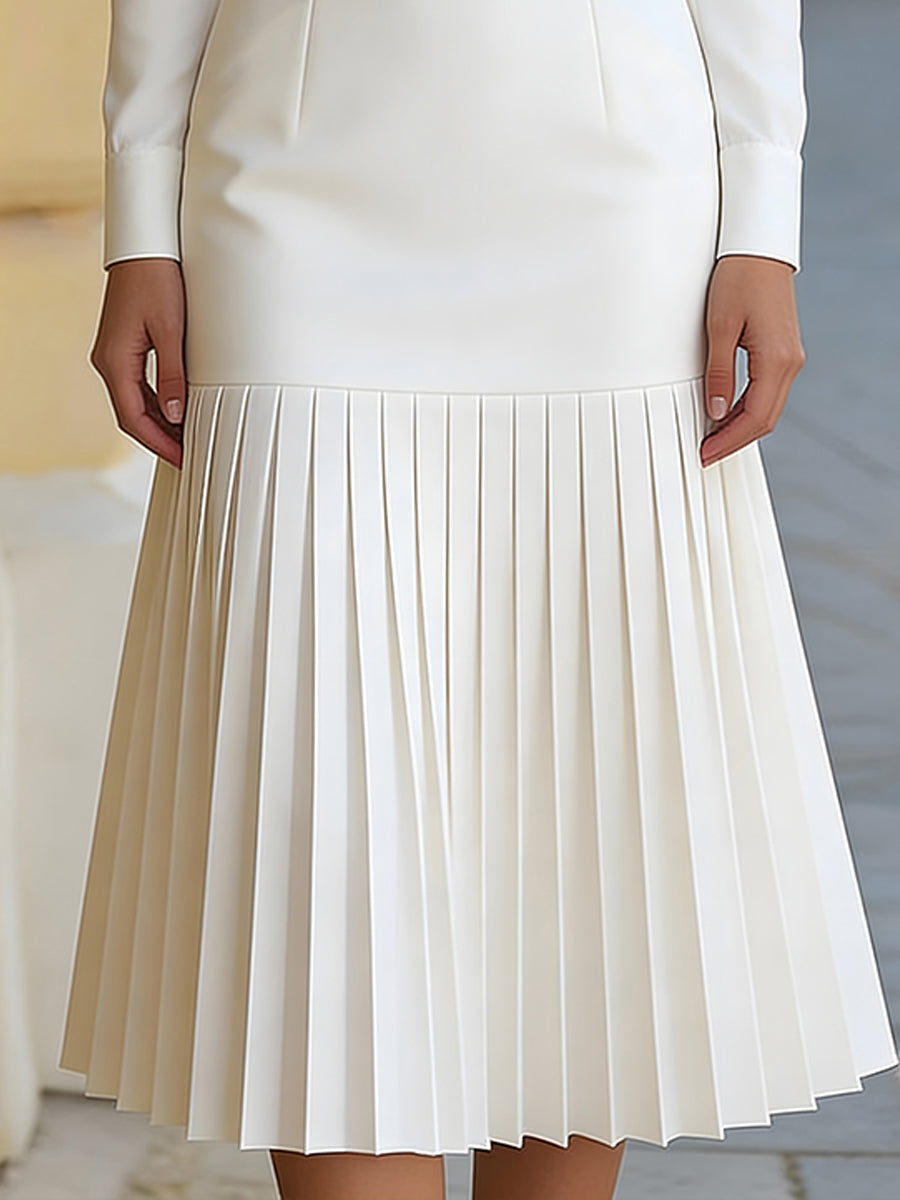 Elegant White Midi Dress for Women with High Neck Long Sleeve Belted Pleated Formal Wedding Guest Style