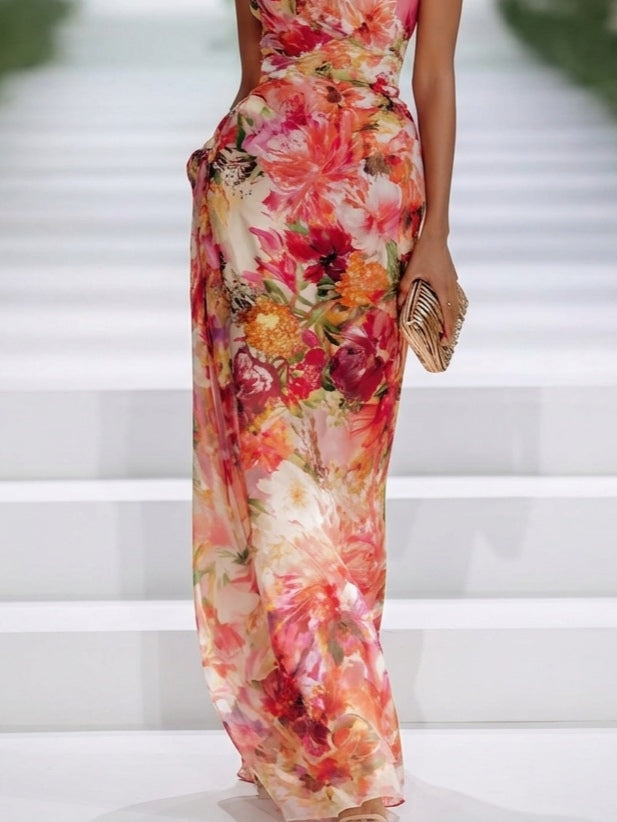 Elegant Red Floral Maxi Dress for Women with High Neck Halter Ruched Flowing Formal Wedding Guest Style