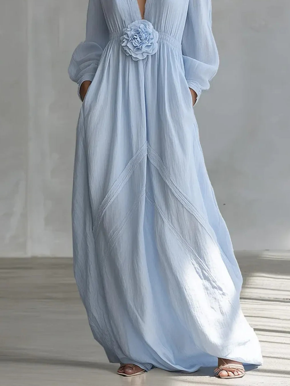 Elegant Blue Maxi Dress for Women with V Neck Bishop Sleeve Floral Applique Flowing Style