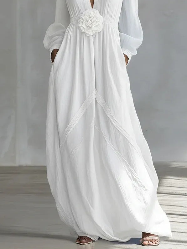 Elegant White Maxi Dress for Women with V Neck Bishop Sleeve Floral Waist Flowing Bohemian Style