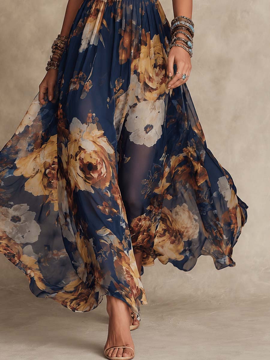 Effortless Navy Floral Maxi Dress for Women with V Neck Spaghetti Strap Flowing Bohemian Style
