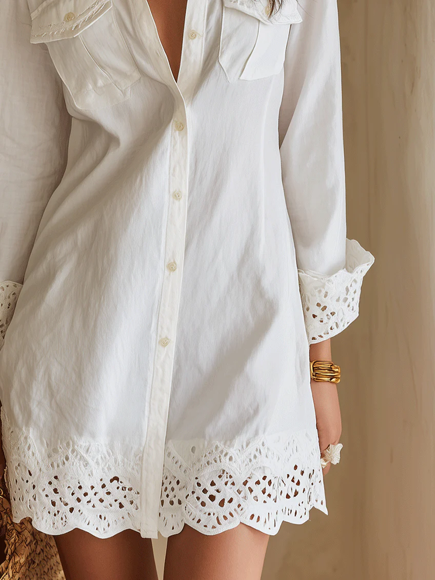 Effortless White Linen Shirt Dress for Women with Collared Button Front Long Sleeve Crochet Hem Style