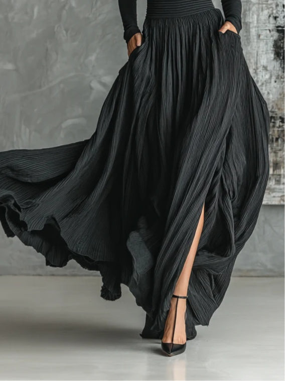 Elegant Black Pleated Two Piece Set for Women with Turtleneck Long Sleeve Maxi Skirt Flowing Style