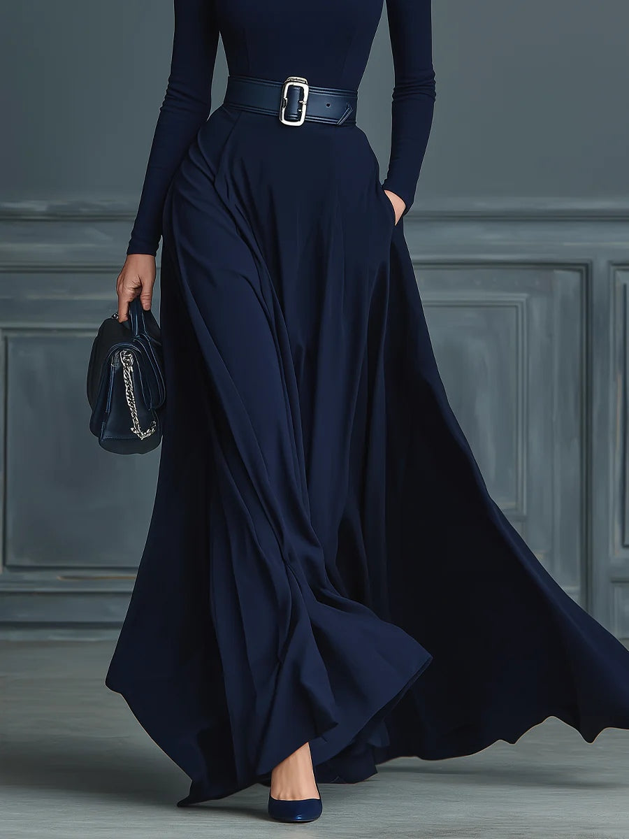 Elegant Dark Blue Maxi Dress for Women with Turtleneck Long Sleeve Belted Flowing Formal Style