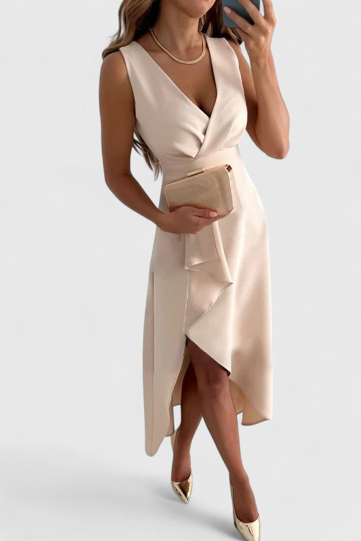 Elegant Champagne Satin Maxi Dress for Women with V Neck Wrap Bodice High Low Hem Formal Wedding Guest Style