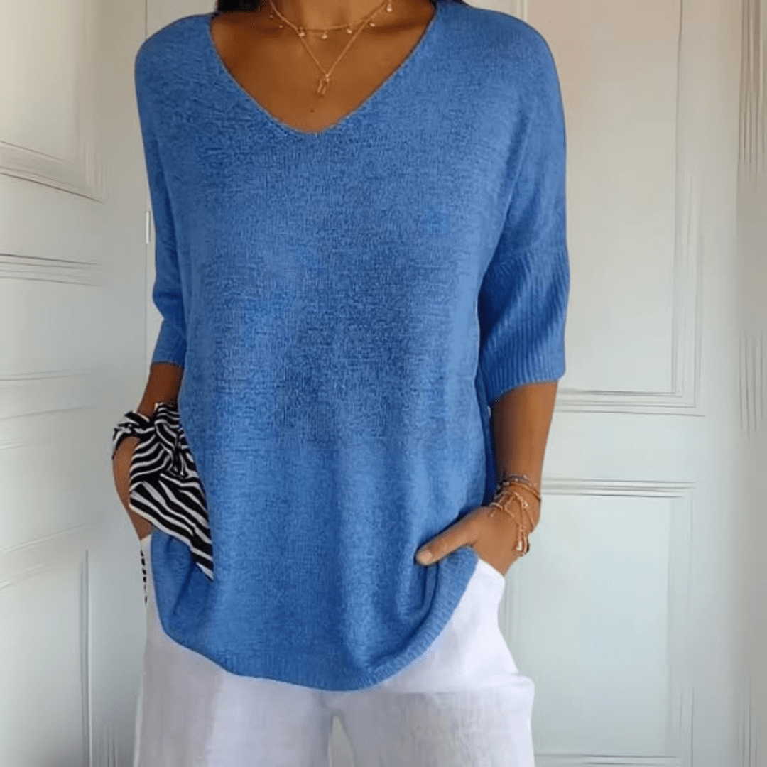 Comfortable Knit Tunic Top for Women with V Neck Elbow Sleeve Relaxed Oversized Style