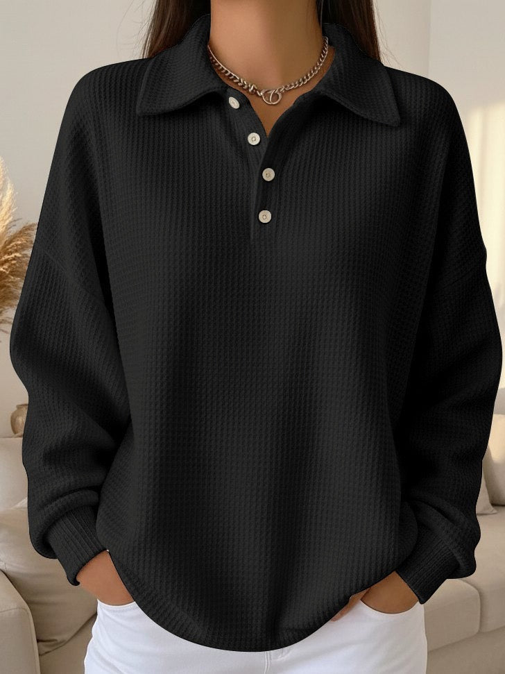 Comfortable Waffle Knit Polo Sweater for Women with Collared V Neck Long Sleeve Button Placket Oversized Relaxed Style