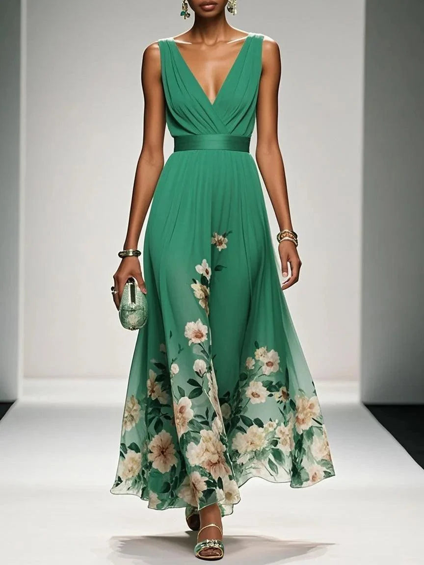 Effortless Floral Chiffon Maxi Dress for Women with V Neck Sleeveless Pleated Flowing Wedding Guest Style