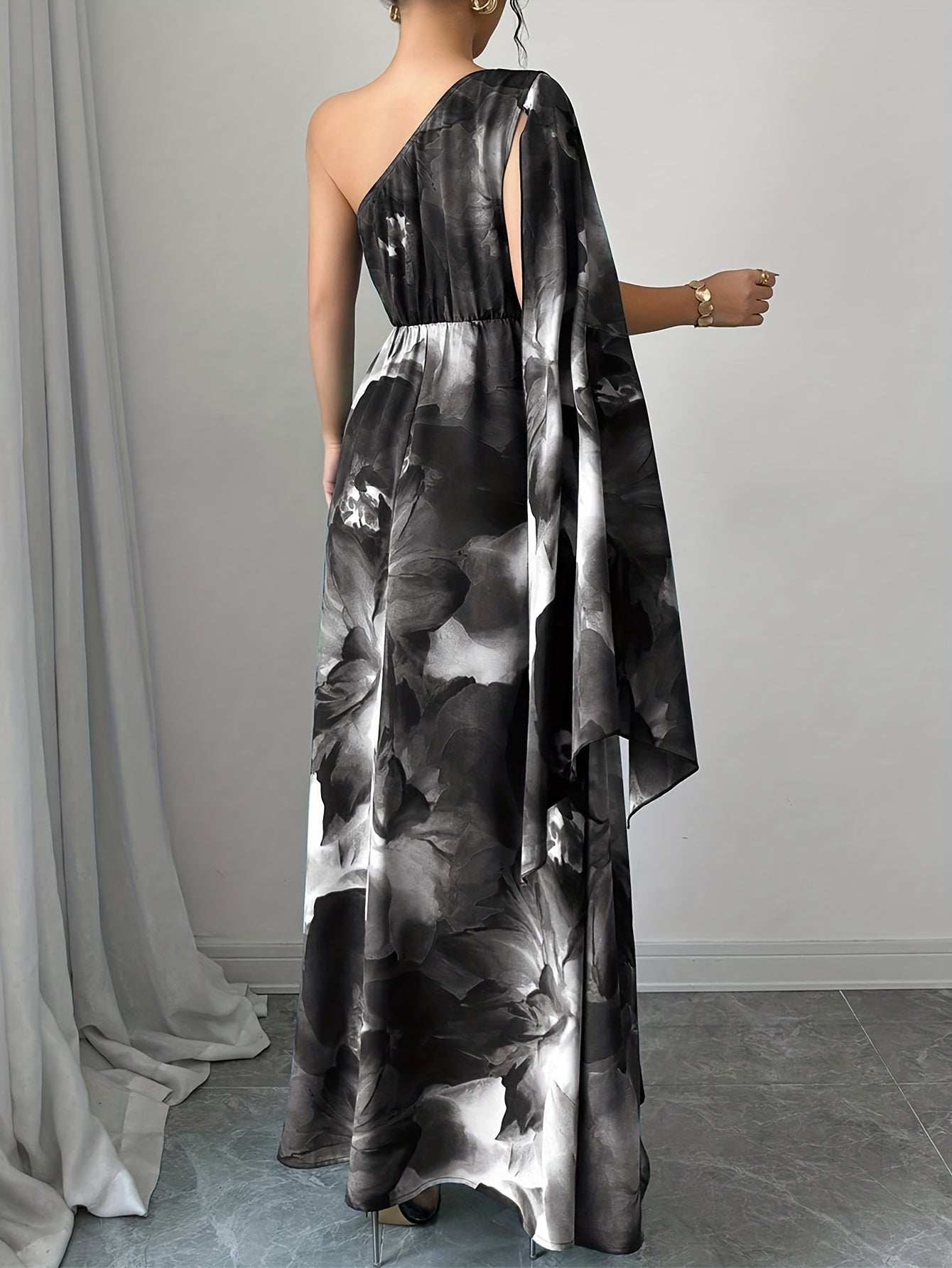 Elegant Floral Maxi Dress for Women with One Shoulder Draped Sleeve Formal Wedding Guest Style