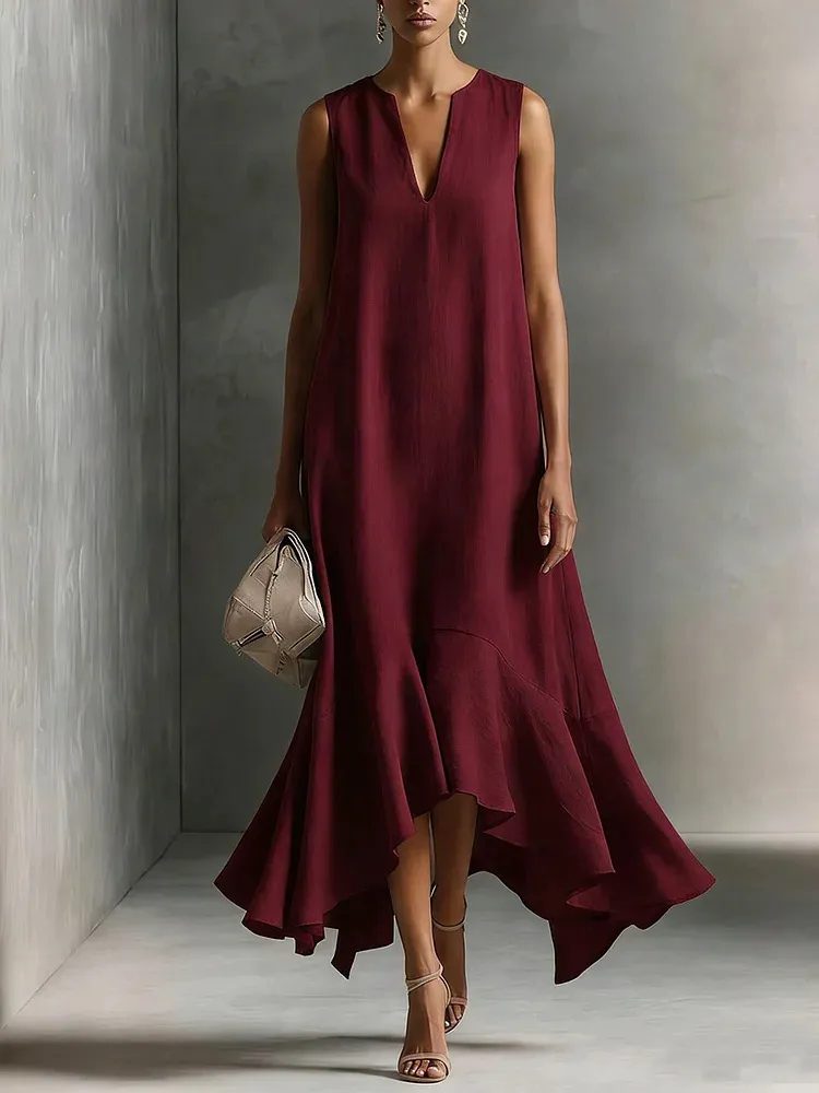 Effortless Satin Maxi Dress for Women with Deep V Neck Sleeveless High Low Flowing Formal Wedding Guest Style