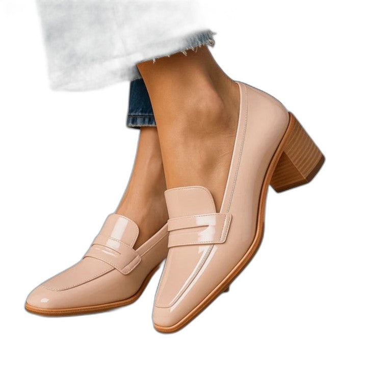 Comfortable Beige Leather Loafers for Women with Block Heel Closed Toe Office Style