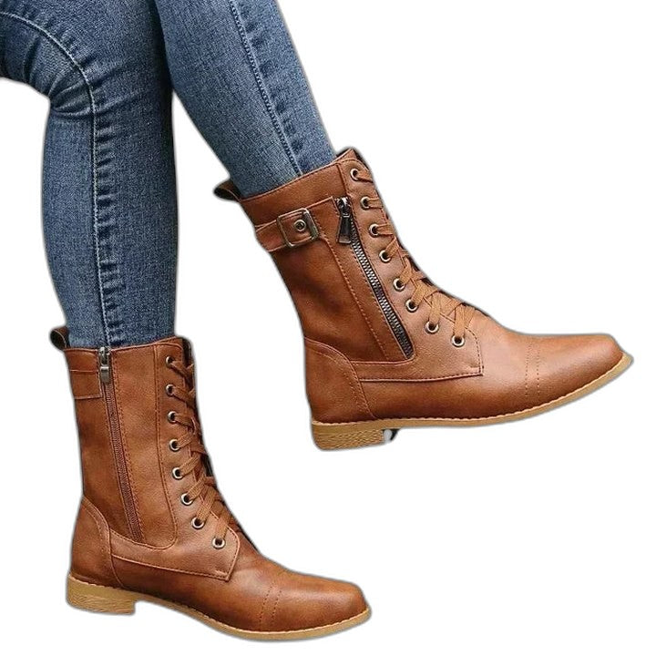 Comfortable Black Leather Ankle Boots for Women with Closed Toe Lace Up Buckle Casual Style