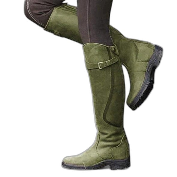 Comfortable Black Leather Knee High Boots for Women with Closed Toe Buckle Casual Style