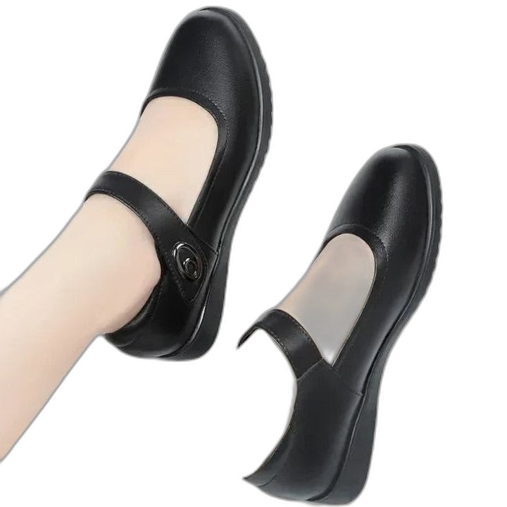 Comfortable Black Leather Mary Jane Shoes for Women with Closed Toe Buckle Casual Style