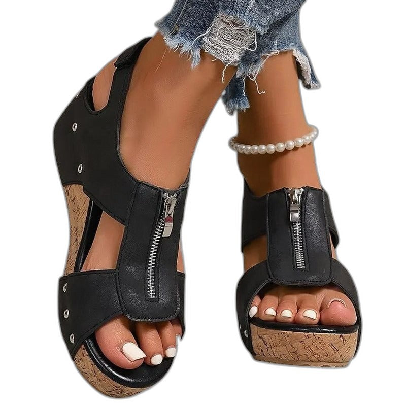 Comfortable Black Leather Sandals for Women with Cutout Closed Toe Buckle Casual Style