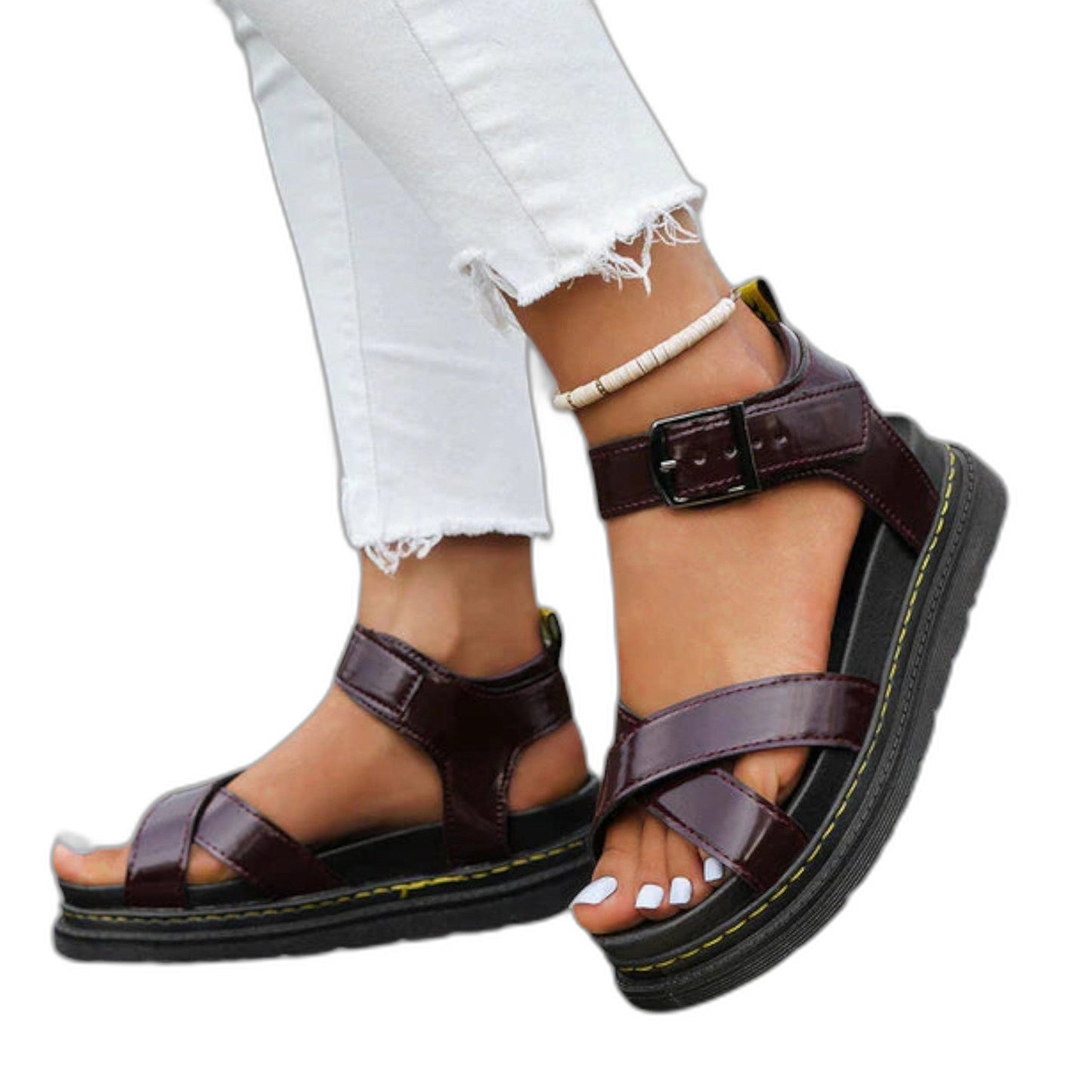 Comfortable Black Leather Sandals for Women with Platform Ankle Strap Open Toe Buckle Casual Style