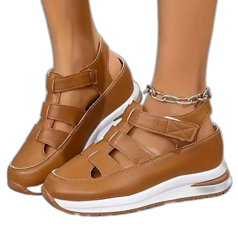 Comfortable Black Leather Sandals for Women with Platform Ankle Strap Open Toe Casual Style