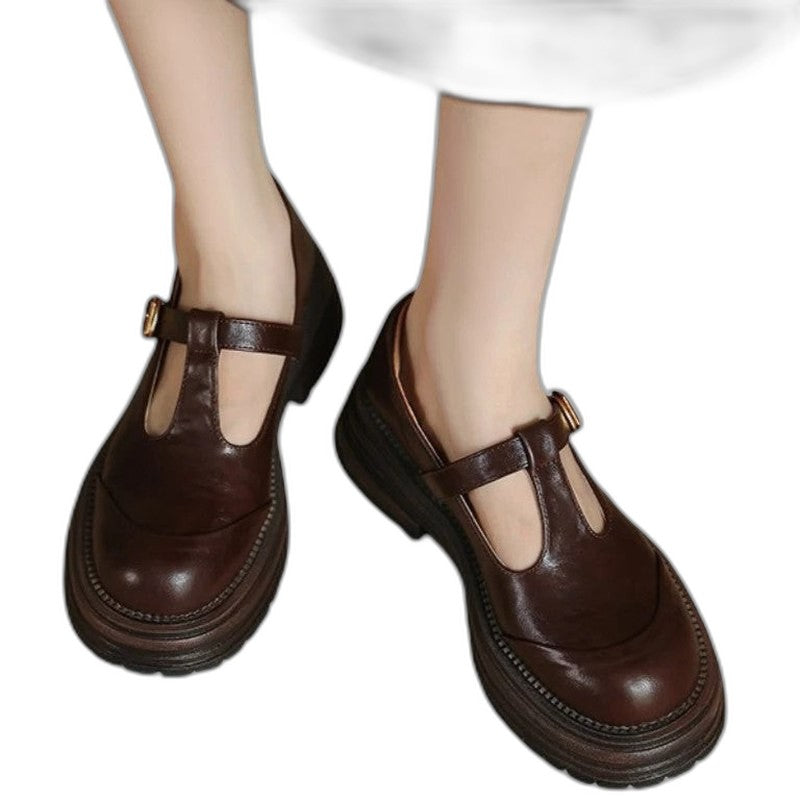 Comfortable Brown Leather Mary Jane Shoes for Women with Closed Toe Buckle Casual Style