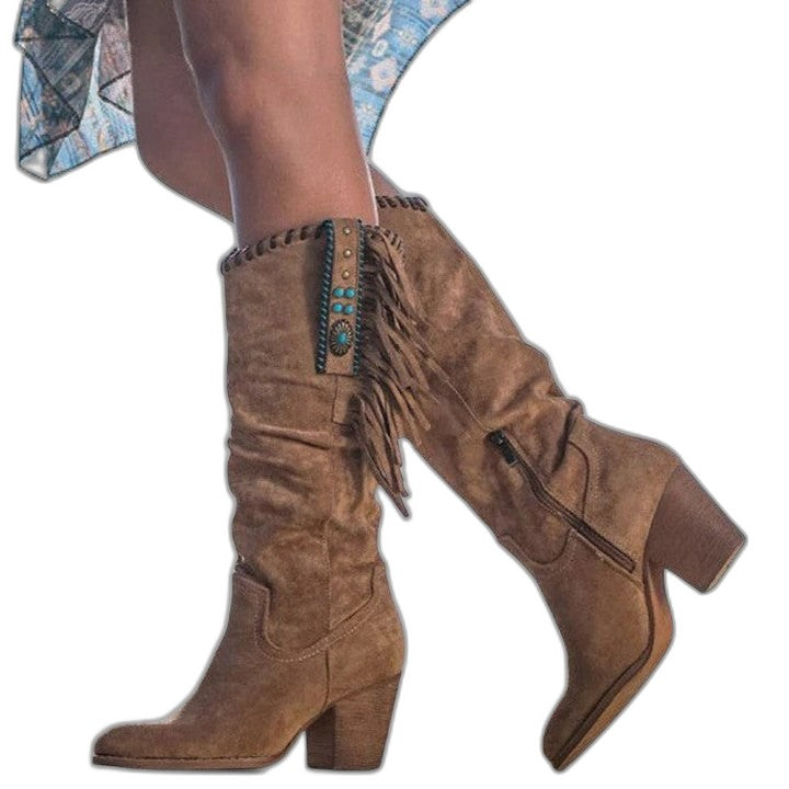 Comfortable Burgundy Suede Knee High Boots for Women with Block Heel Closed Toe Casual Style