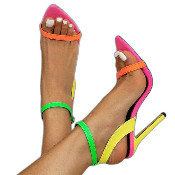 Comfortable Color Block Heels for Women with Ankle Strap Open Toe Party Style