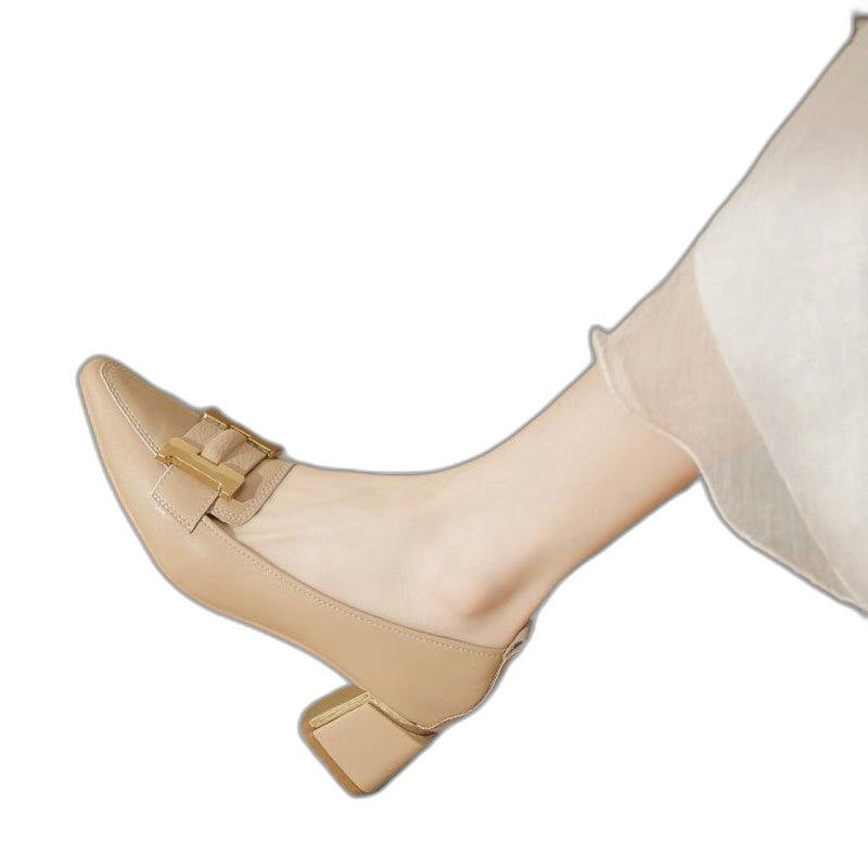 Comfortable Cream Leather Heels for Women with Block Heel Pointed Toe Buckle Office Style