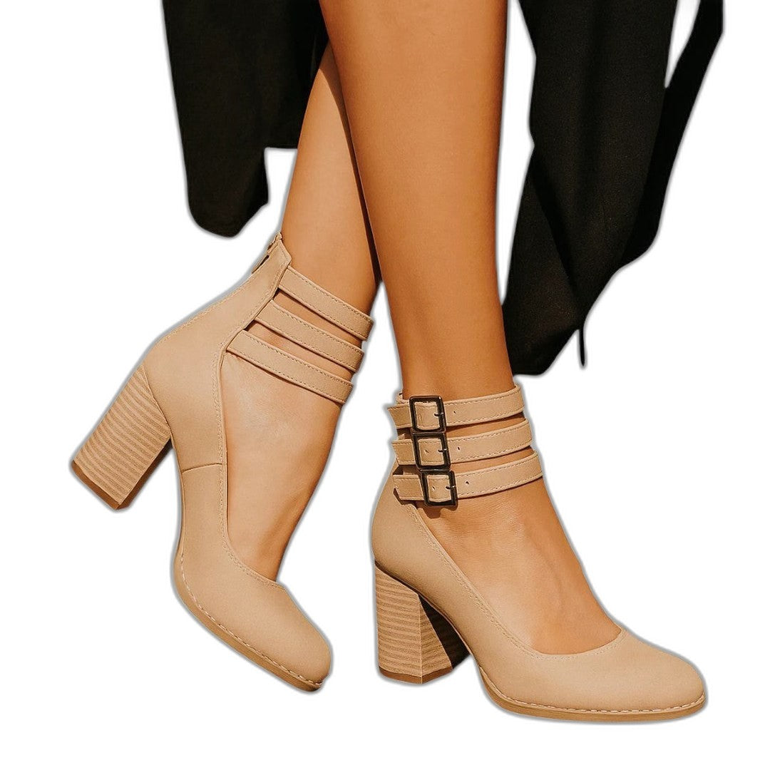 Comfortable Grey Leather Ankle Boots for Women with Block Heel Closed Toe Buckle Casual Style