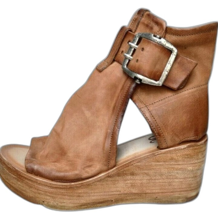 Comfortable Leather Ankle Boots for Women with Cutout Platform Wedge Buckle Casual Style