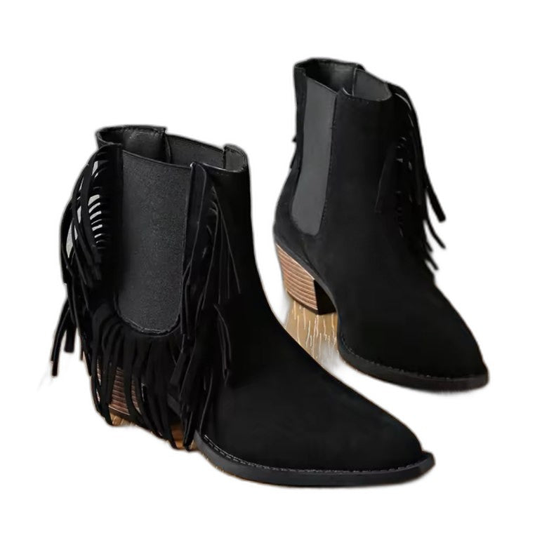 Comfortable Leopard Ankle Boots for Women with Fringe Block Heel Closed Toe Casual Style