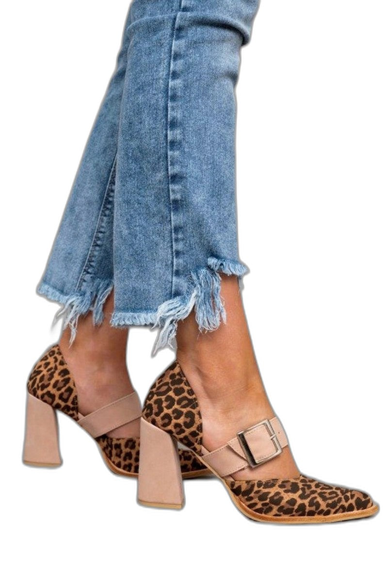 Comfortable Leopard Heels for Women with Block Heel Ankle Strap Pointed Toe Buckle Party Style