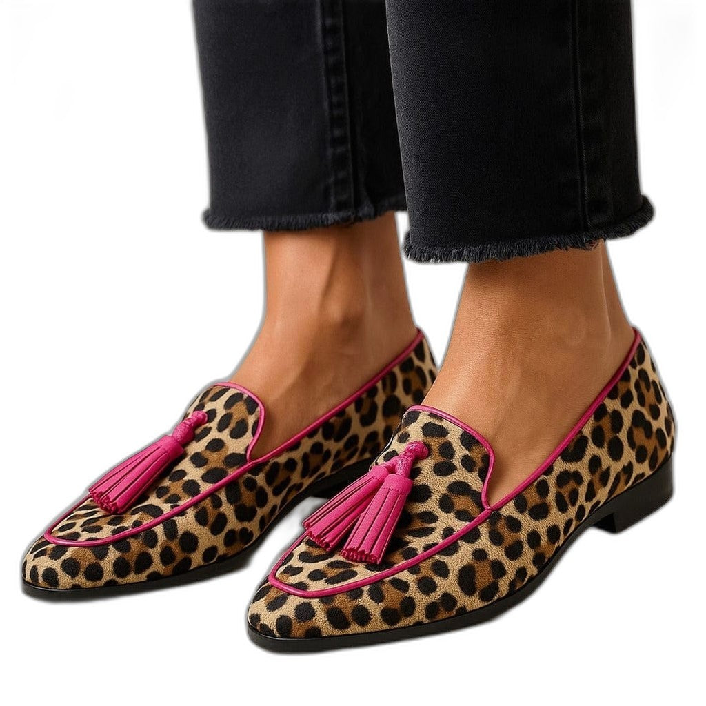 Comfortable Leopard Loafers for Women with Fringe Tassel Closed Toe Casual Style