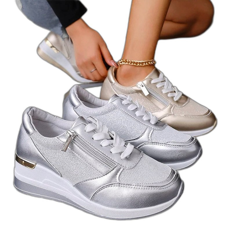 Comfortable Silver Sneakers for Women with Platform Closed Toe Lace Up Casual Style