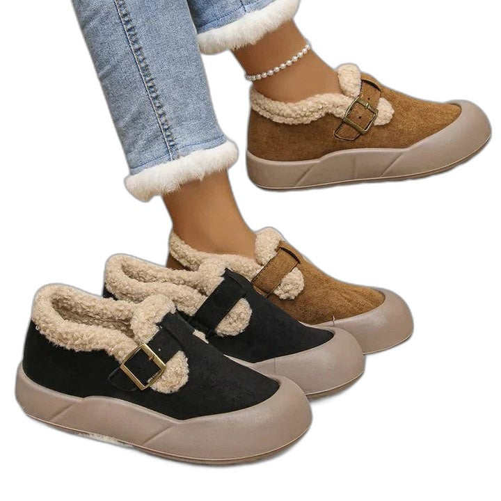 Comfortable Suede Mules for Women with Closed Toe Fur Lined Buckle Casual Style