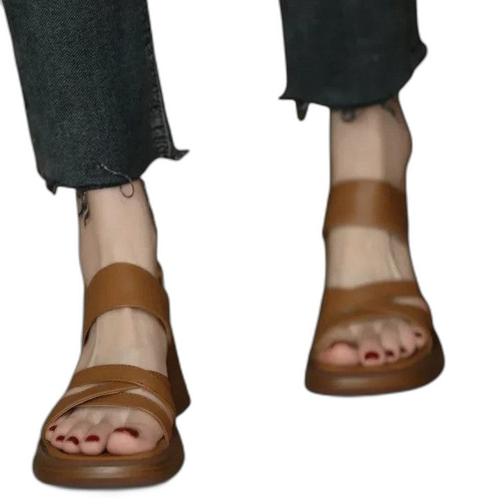 Comfortable Tan Heels for Women with Block Heel Ankle Strap Open Toe Casual Style