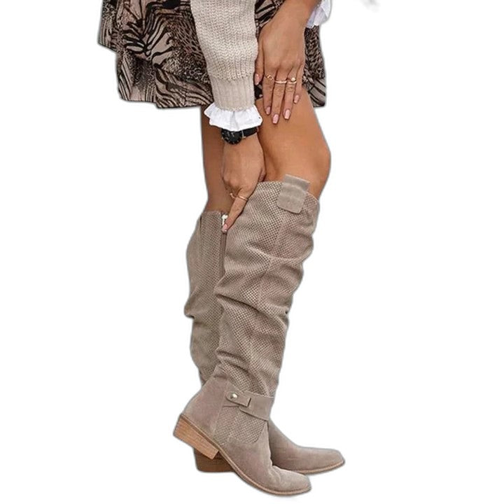 Comfortable Tan Suede Knee High Boots for Women with Closed Toe Casual Style