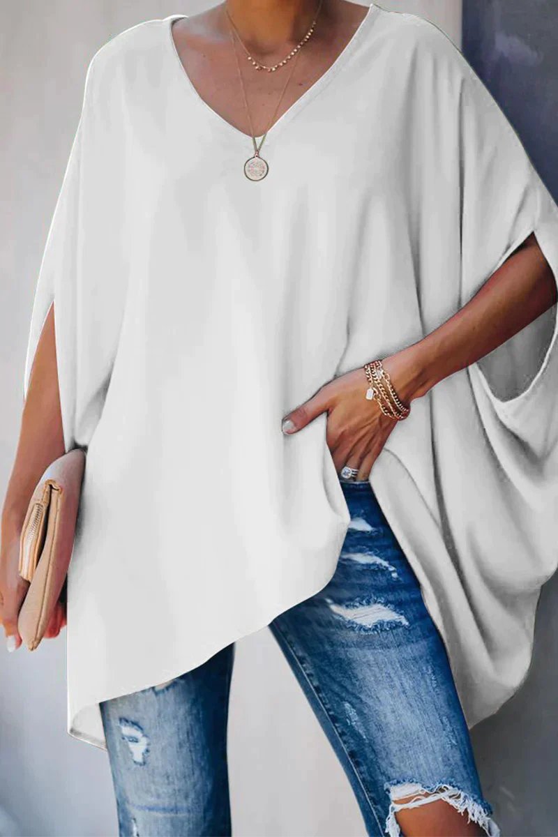 Effortless Poncho Blouse for Women with V Neck Batwing Sleeve Asymmetric High Low Flowing Style