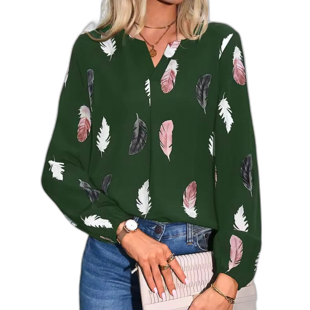 Effortless Abstract Blouse for Women with Chiffon V Neck Long Sleeve Button Front Casual Style