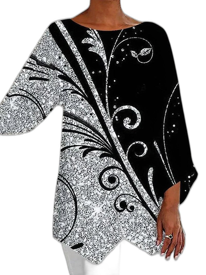 Effortless Abstract Blouse for Women with Crew Neck Long Sleeve Oversized Casual Style