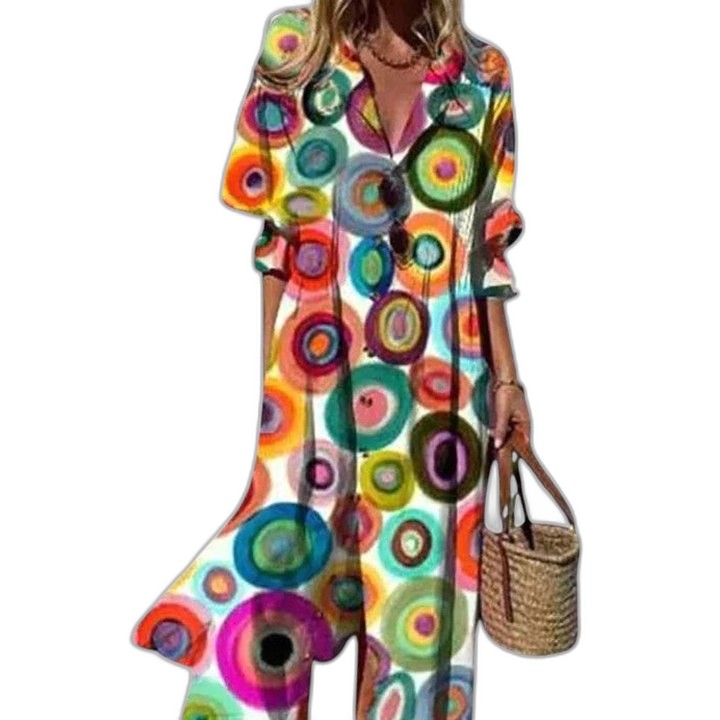 Effortless Abstract Midi Dress for Women with Collared Long Sleeve Button Front Flowing Casual Style