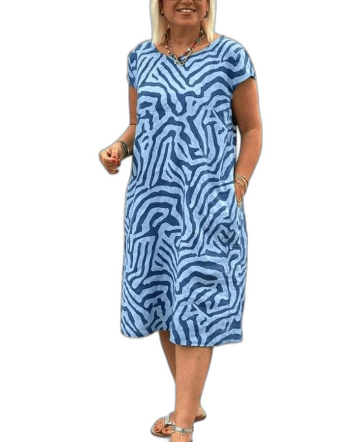 Effortless Abstract Midi Dress for Women with Crew Neck Short Sleeve Flowing Pockets Casual Style
