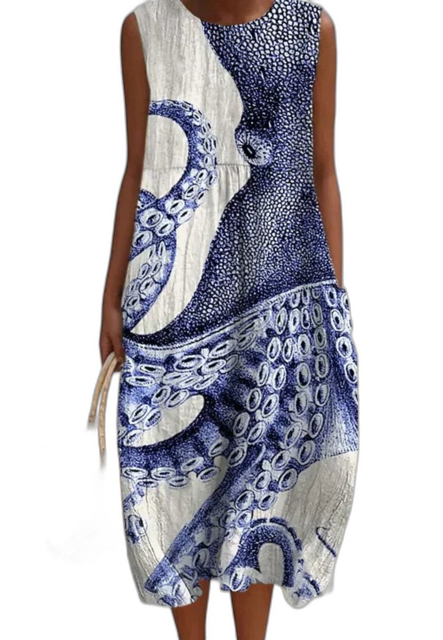 Effortless Abstract Midi Dress for Women with Crew Neck Sleeveless Flowing Casual Style