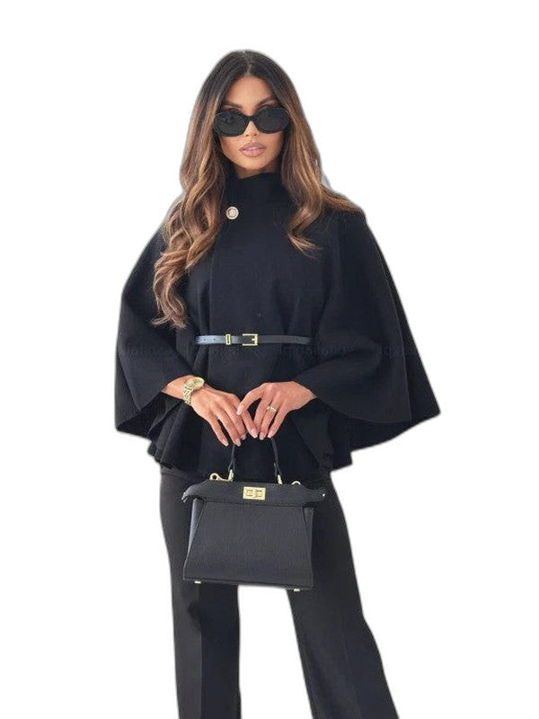 Effortless Beige Coat for Women with High Neck Long Sleeve Belted Oversized Casual Style