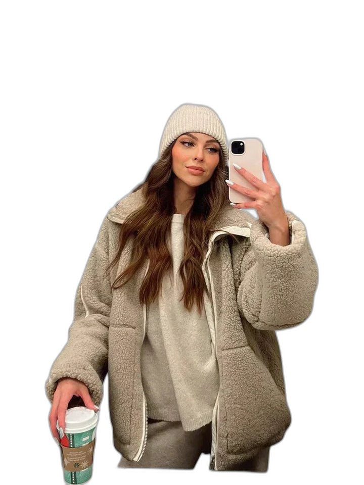 Effortless Beige Jacket for Women with High Neck Long Sleeve Oversized Pockets Casual Style
